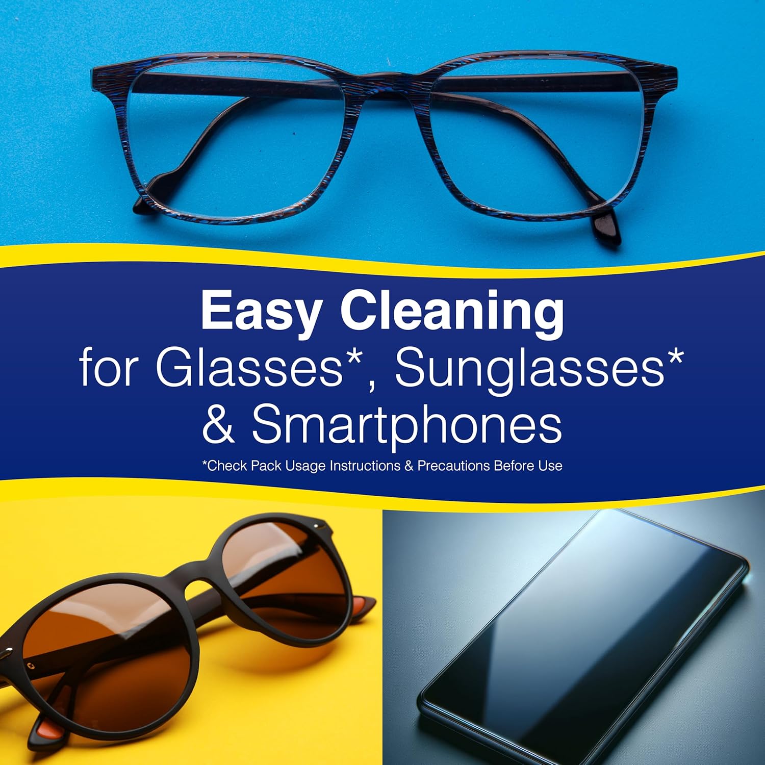 Easy cleaning for Glasses*, Sunglasses* & Smartphones. *Check pack usage instructions & precautions before use