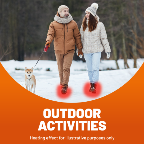 Man and woman walking a dog with illustrated heated boots from HotHands